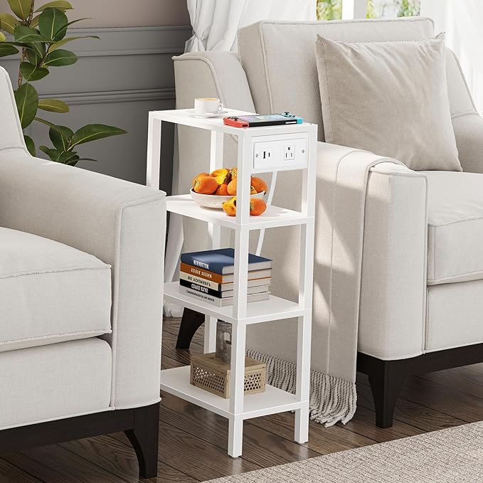 TUTOTAK Narrow Side Table with Charging Station, Small End Table with USB Ports