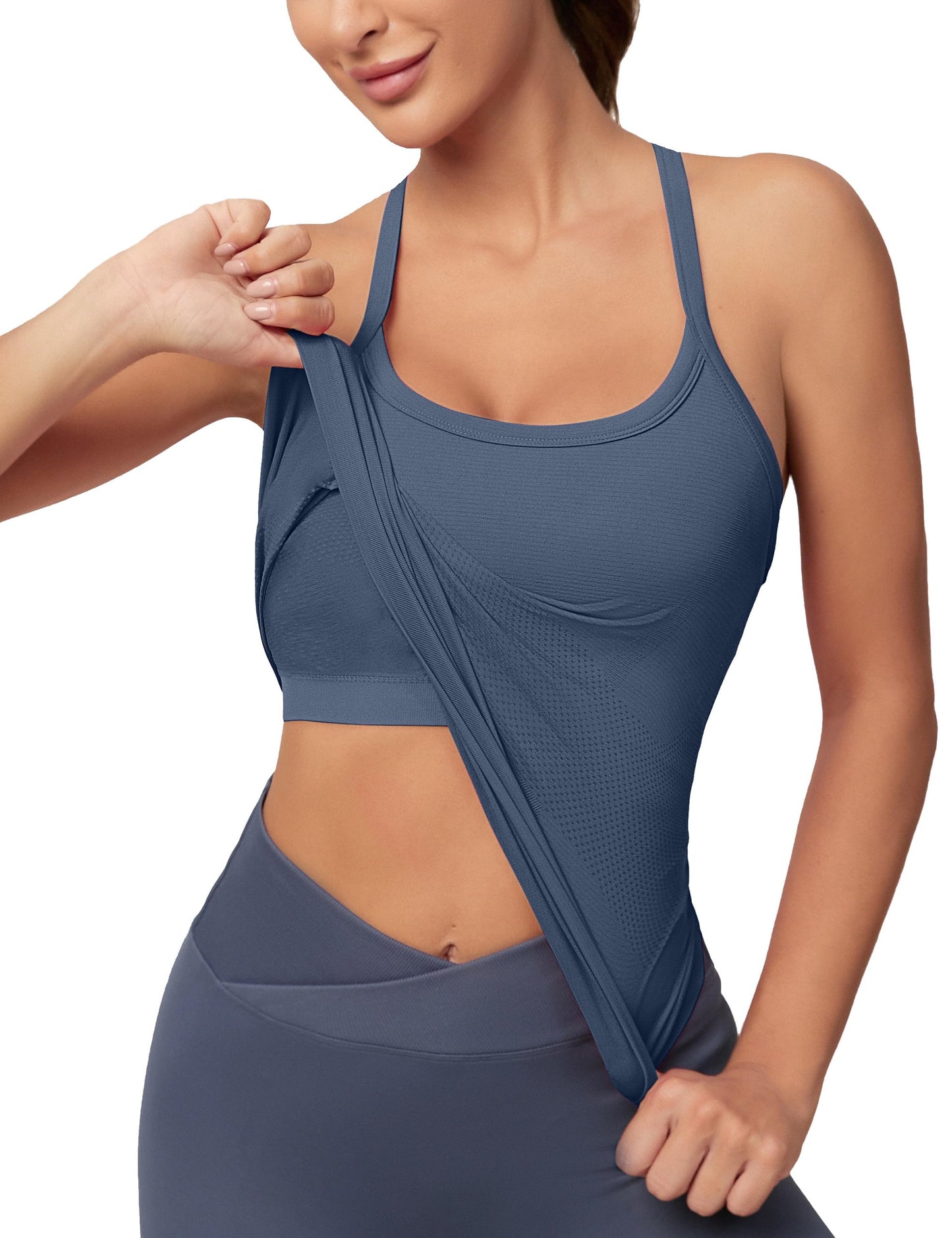 MathCat Seamless Workout Tank Tops for Women with Built in Bra, Spaghetti Strap Padded Gym Tops, Racerback Sports Athletic Slim Yoga Shirts Camisole Grey Blue