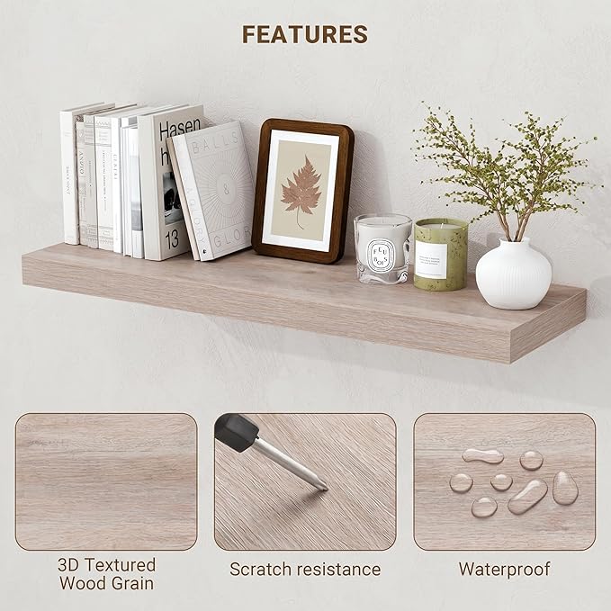 Acovy 48 Inch Floating Shelves, 3D Textured Wood Grain, Wooden Shelves