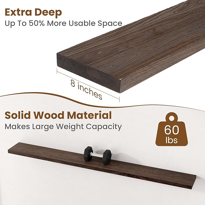 Floating Shelves for Wall Decor, 8 Inch Deep Rustic Solid Elm Wood Floating