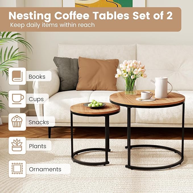 Giantex Nesting Coffee Table Set of 2, Round Stacking Side Tables w/Wooden