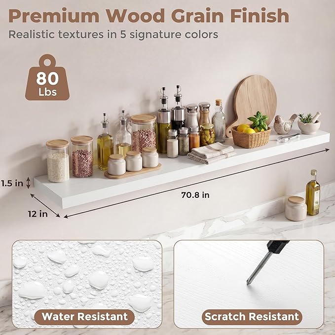 12 inch Deep Floating Shelves for Wall, 72 inch Wide Engineered Wood Wall