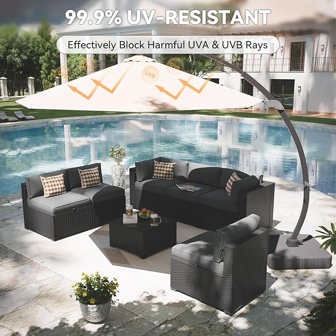 Aoxun Patio Furniture Set with Umbrella, 8 Piece Outdoor Sectional Sofas