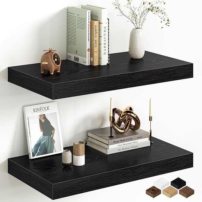 Fun Memories 12 Inch Deep Black Floating Shelf, 24 x 12 Rustic Wood Wall Shelf