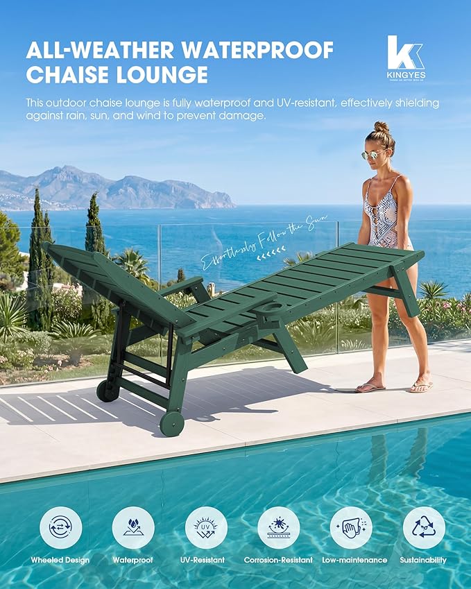 KINGYES HDPE Lounge Chair Outdoor Set of 2, Patio Chaise Lounge Recliner