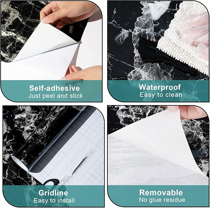 Arthome Black Marble Contact Paper, Peel and Stick Black Silver Paper, Self