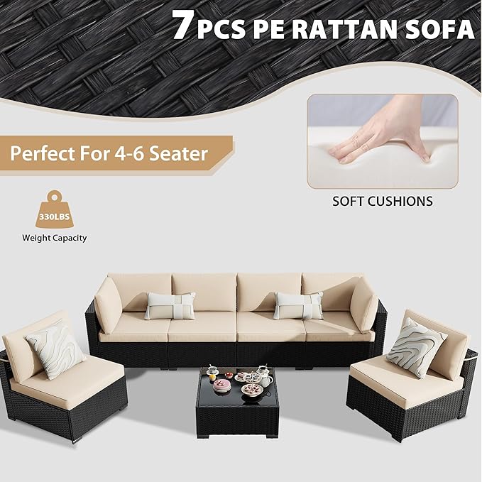 KIGOTY 7-Piece Patio Furniture Set, All-Weather PE Rattan Outdoor Sectional Sofa