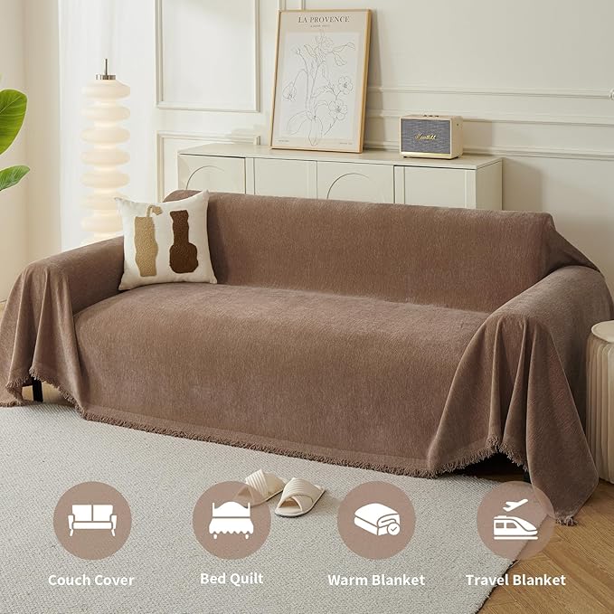 Couch Cover for Dogs, Boho Sofa Covers for 4 Cushion Couch, Chenille Sofa