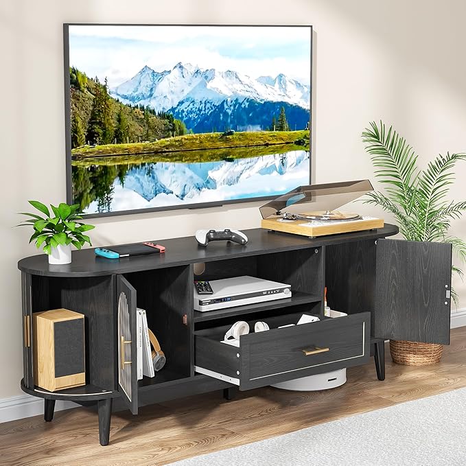 63" Fluted TV Stand for Tvs up to 70", Mid-Century Modern Entertainment Center