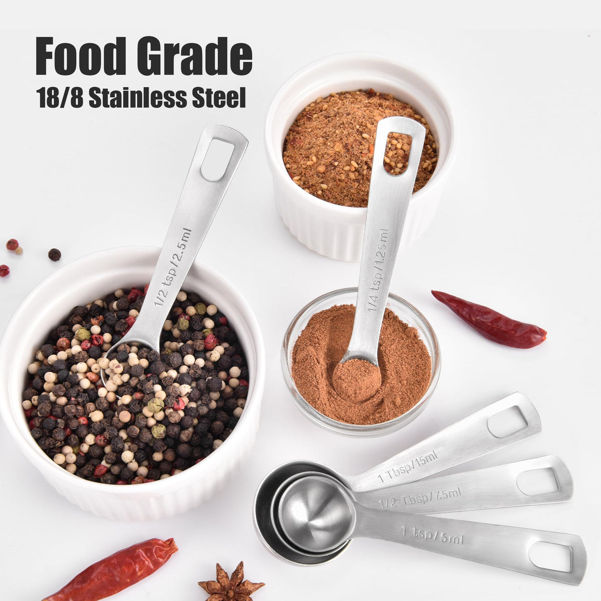 Doosu Measuring Spoons Set of 5-18/8 Stainless Steel Heavy Duty Teaspoons Tablespoons with Engraved Metric & US Measurements, Metal Measure Spoon for Dry and Liquid Ingredients, Dishwasher Safe