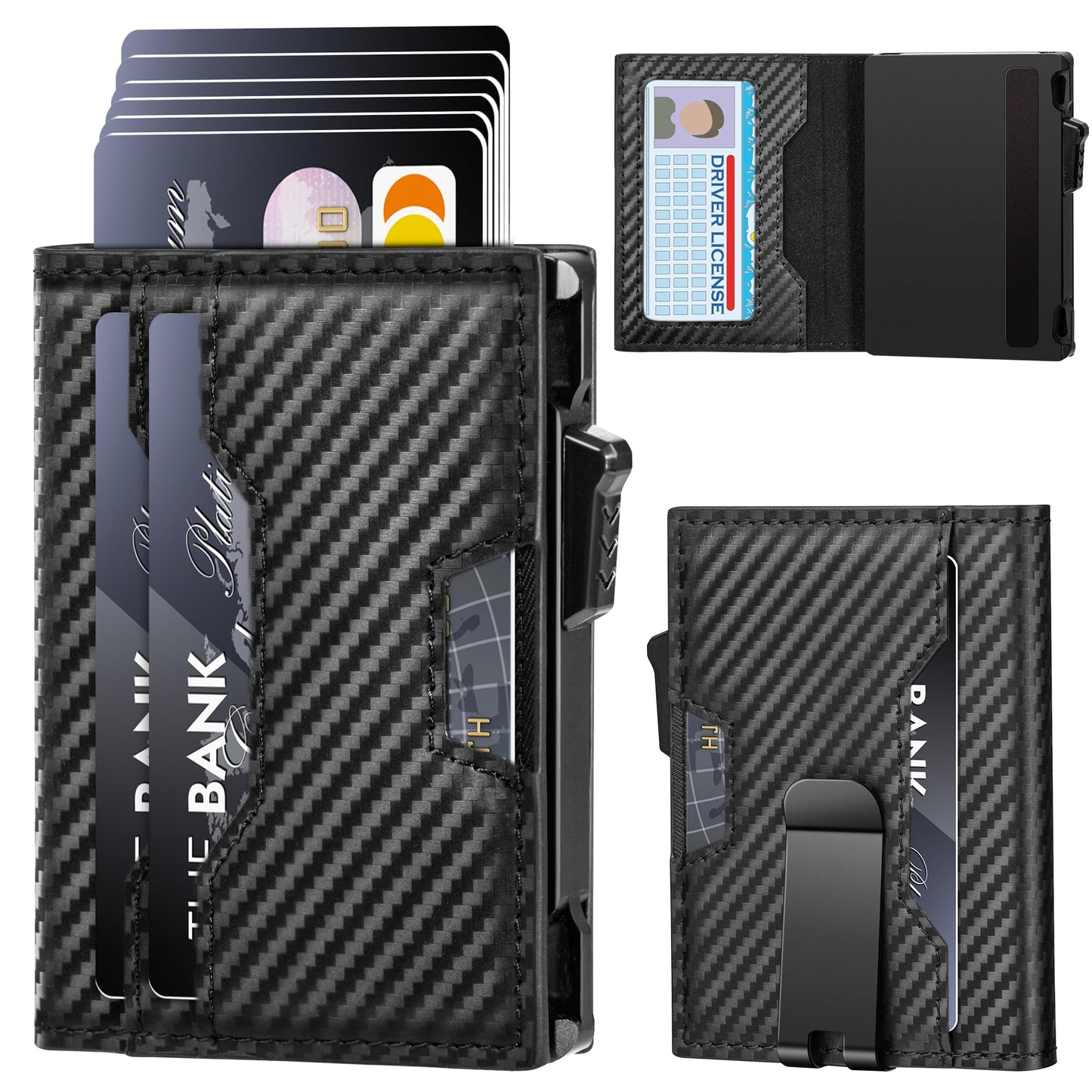 Vandz Wallet for Men, Minimalist Slim Wallet, Smart Pop Up Case RFID Blocking Bifold Wallet Credit Card Holder with Money Clip (Carbon Fiber Black)