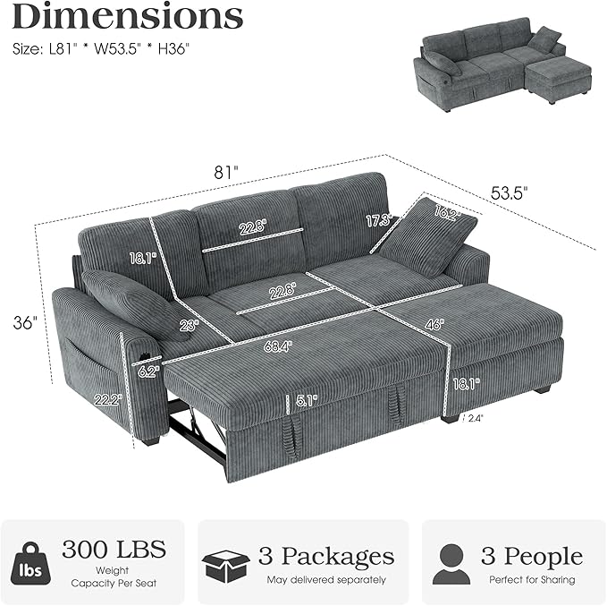 Ihanherry 81-inch Corduroy Modular Sectional Sofa Bed