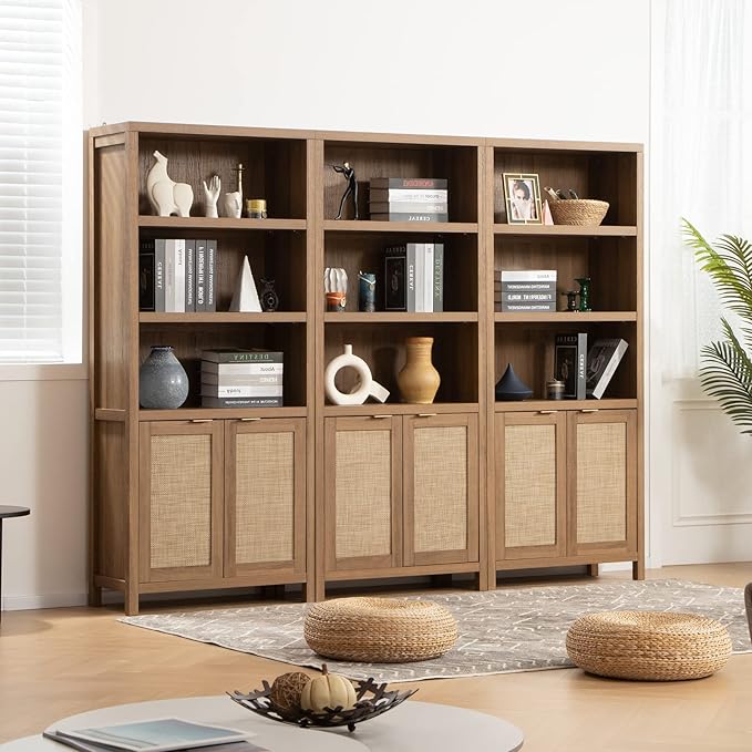 SICOTAS Bookcase 71" Tall Bookshelf 5 Tier Rattan Boho Bookcase