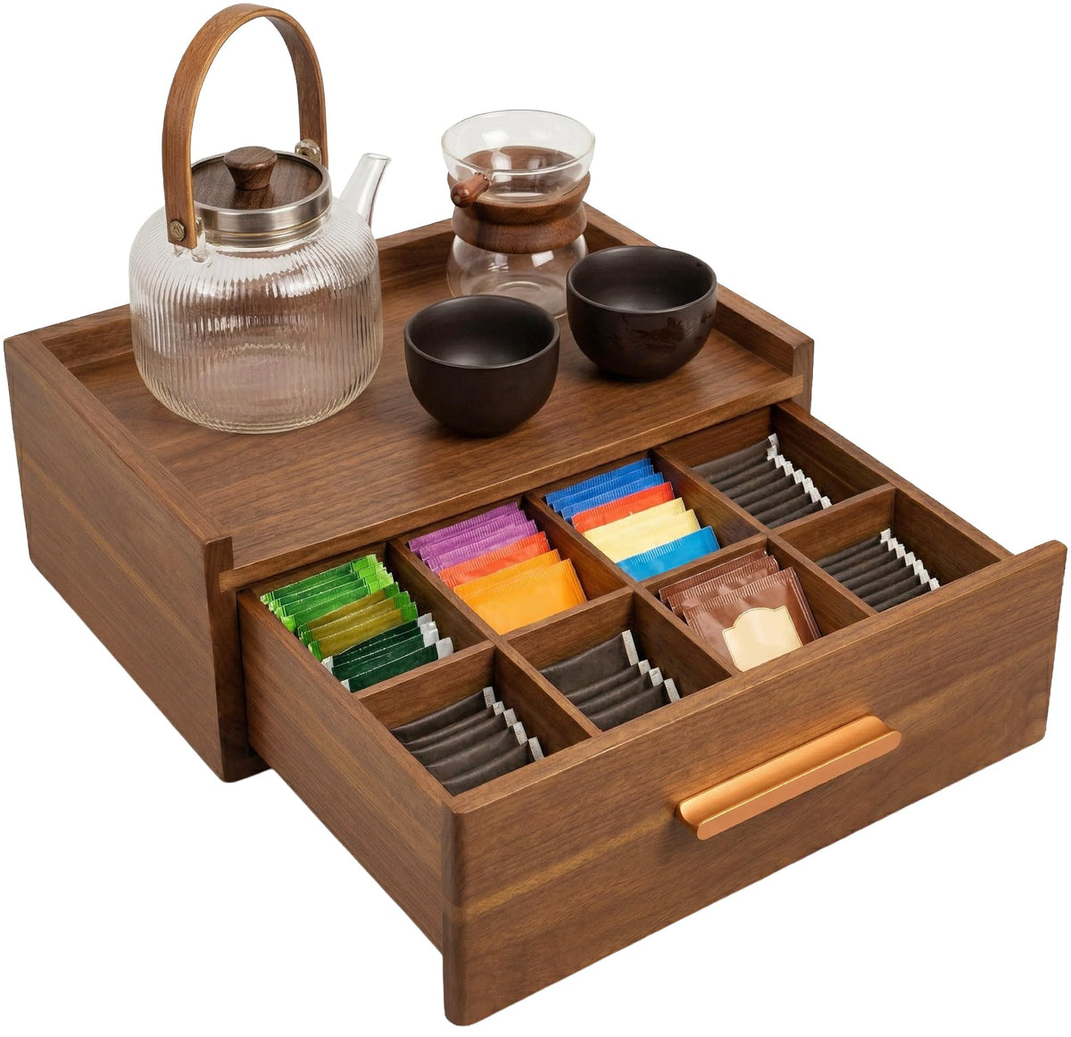 Tea Bag Organizer Drawer | Acacia Wooden Tea Box with 8 Compartments and Deep Storage Drawer | Tea Chest for Countertop Tea Station, Fits Tea Bags, Coffee Pods and Sugar Packets - 13 x 8.46 x 4.92 in