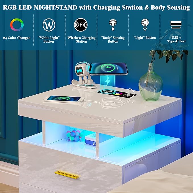 WOOVIVS Night Stand with Light, High Gloss Nightstand with USB/Wireless
