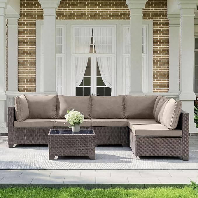 MOCHITO 7 Pieces Outdoor Patio Furniture Sets, All-Weather Sectional Sofa Dark