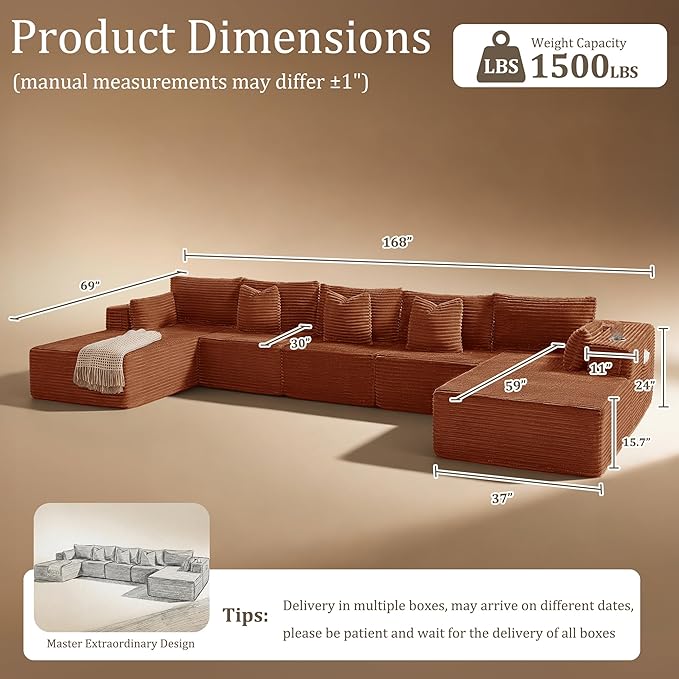 168" Cloud Sectional Couch, Comfort U Shaped Sofa