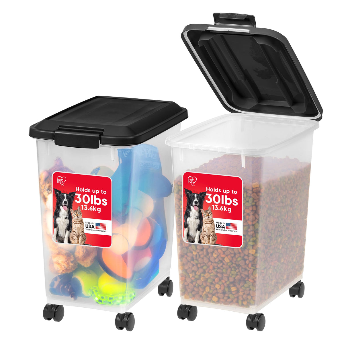 IRIS USA Dog Food Storage Container, 2 Pack, Up to 30 lbs Each, Airtight Seal for Freshness, Wheels for Rolling, Easy One Hand Opening, Made in USA, BPA Free, Clear/Black