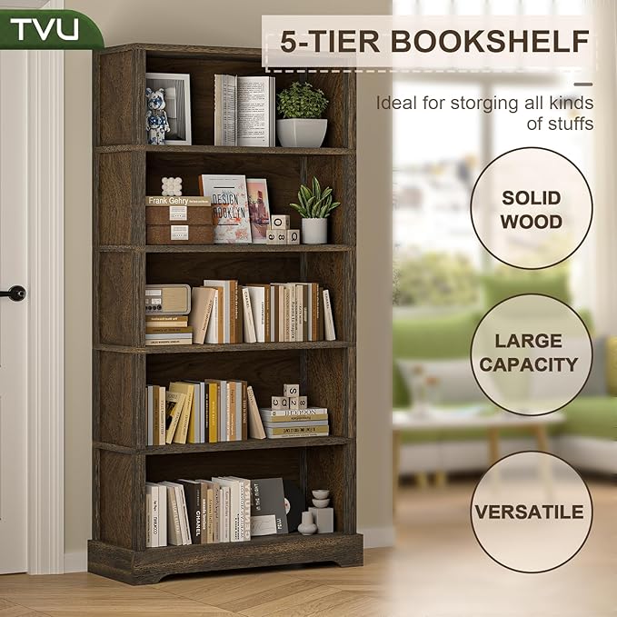TVU 5-Tier Solid Wood Book Shelf, Floor Standing Bookcase, Farmhouse Style Book