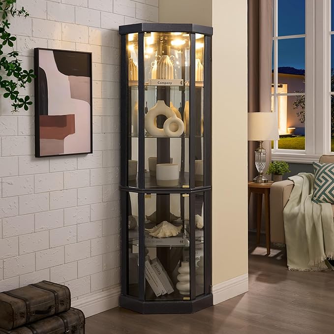 Corner Curio Cabinet, Light Bulb Inclued, Wine Bar China Cabinet