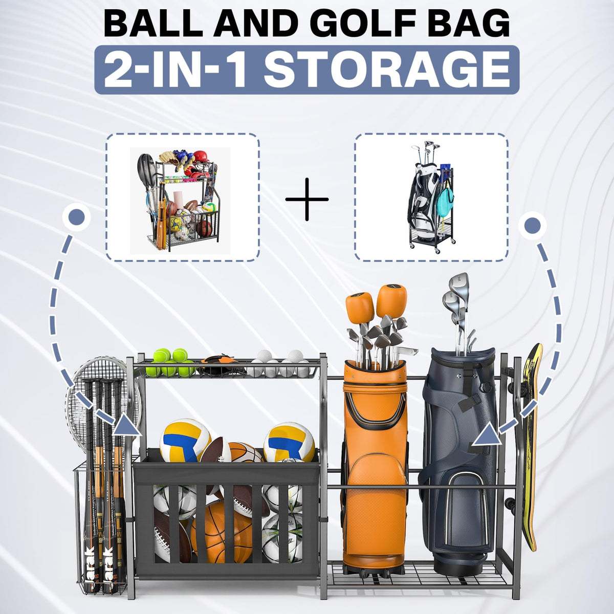 WALMANN Garage Sports Equipment Organizer, Ball Storage Stand, Indoor Golf Bags Stand for Garage