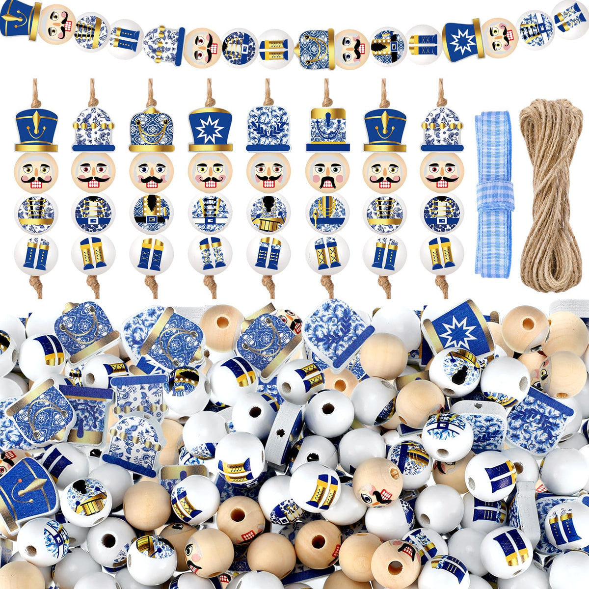 Cinnvoice 240 Pcs Summer Christmas in July Wood Beads with Twine Snowman Gingerbread Man Nutcracker Wooden Bead Garland DIY Crafts Round Beads for Xmas Party Decor(Chinoiserie Nutcracker)