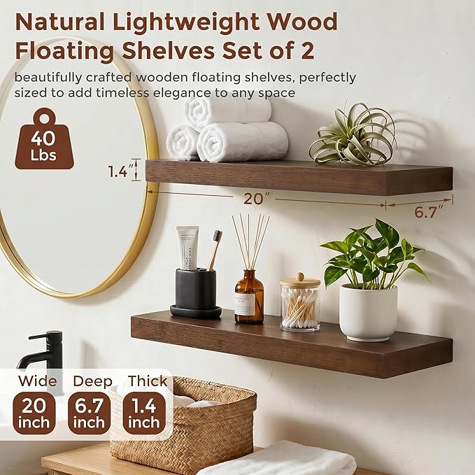 fuqing 20 Inch Floating Shelves | 6.7 Inch Deep Dark Wood Floating Shelves
