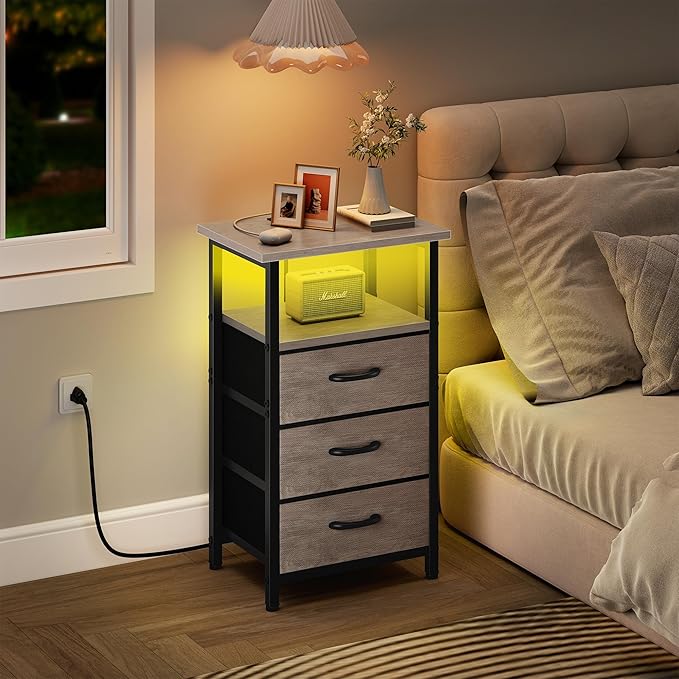 Vagusicc Night Stand with Charging Station, LED Nightstand
