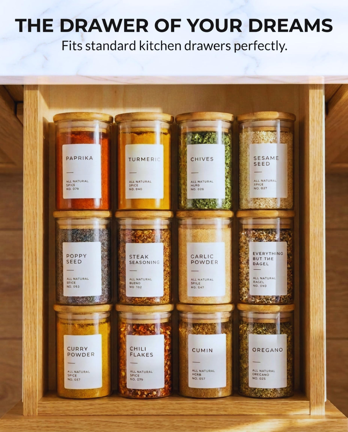 Bloomondo Empty Spice Jars with Label Pack (12x Bamboo Lid Glass Jar). Small 6oz Spice Storage Bottles with 112 Printed Stickers and 48 Writable Pantry Labels for Seasoning Containers