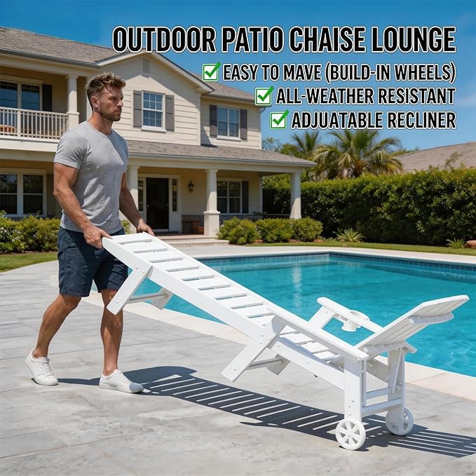 Outdoor Lounge Chair, HDPE 4-Position Adjustable Chaise Lounge Outdoor