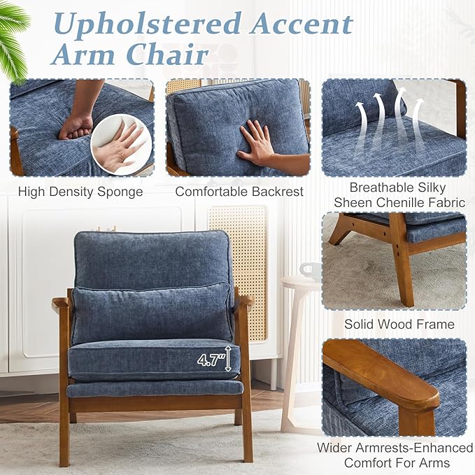 VINGLI Solid Wood Wide Armrests Accent Chair Set of 2, Upholstered Mid Century