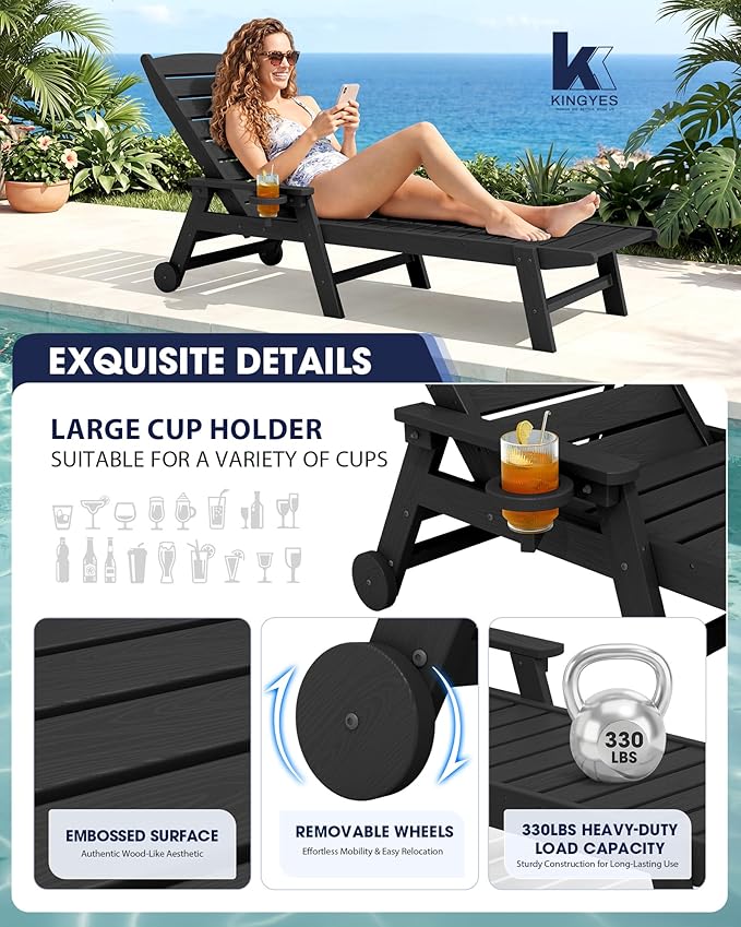 KINGYES HDPE Lounge Chair Outdoor Set of 2, Patio Chaise Lounge Recliner