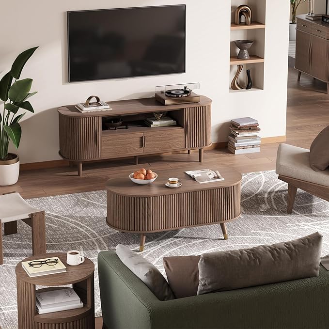SULIVES Oval Coffee Table with Storage, Small Fluted Center Table