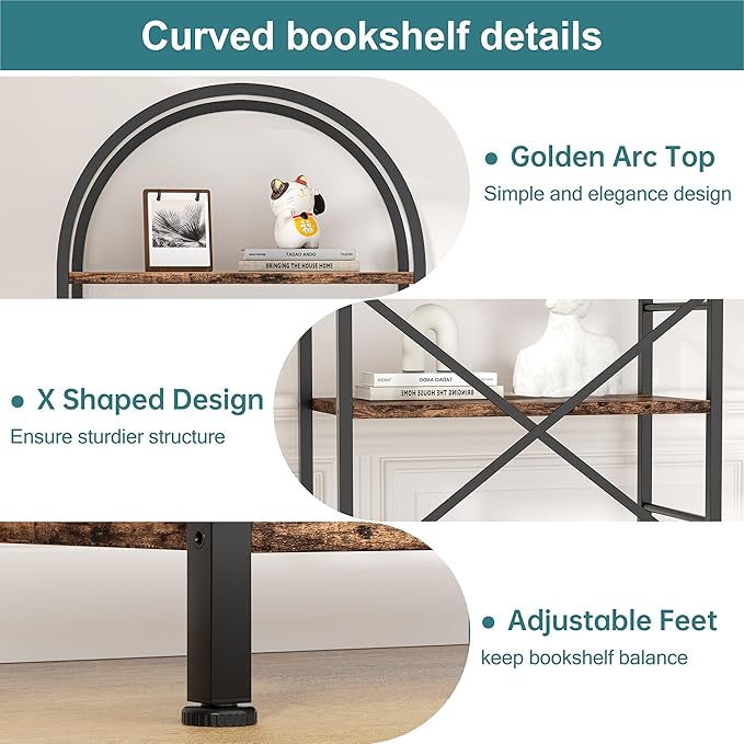 Shintenchi Bookshelf, Arched Bookshelf 5 Tier Bookcase, Tall Shelf