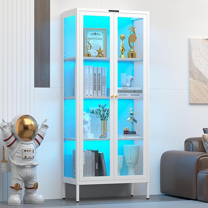 UNICOLY Display Cabinet with Glass Doors, Glass Display Cabinet with 8 Color