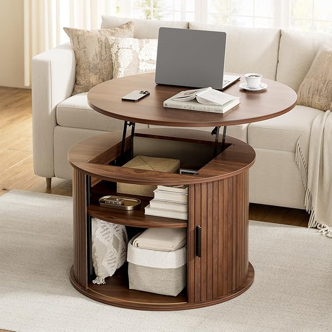 FABATO Round Lift Top Coffee Table, Fluted Wood Accent Coffee Table