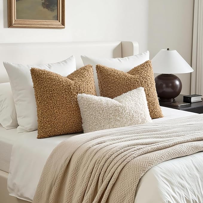 Faux Fur Throw Pillow Covers 18x18 Inch Set of 2 Boucle Neutral Decorative