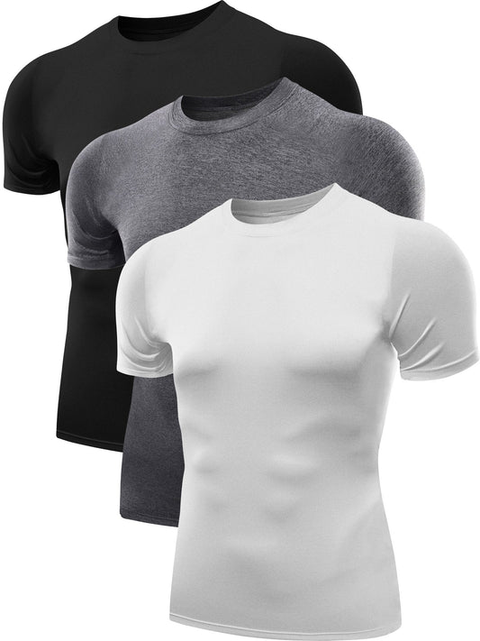 NELEUS Men's 3 Pack Athletic Compression Workout Short Sleeve Shirts,5011,Black,Grey,White,L,EUR XL