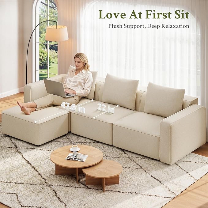 Welzona 132" Sectional Couch, Locked-in Modular Sectional Sofa, Wood Frame