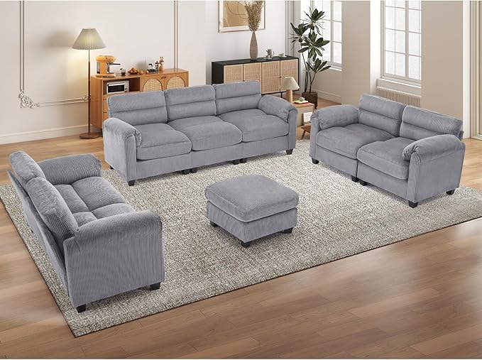 HAOMARKETS Corduroy Sofa Set, Upholstered Ottoman, Loveseat Set of 2, and