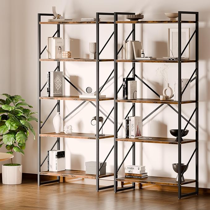 Shintenchi 5 Tiers Bookshelf, Classically Tall Bookcase Shelf, Industrial Book