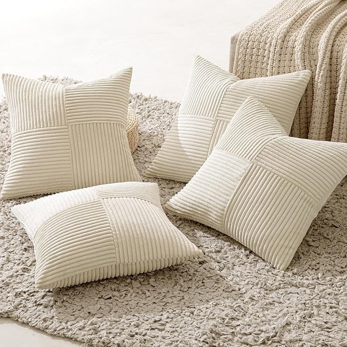 MIULEE Beige Throw Pillow Covers 18x18 Inch Set of 4 Boho Patchwork Cushion