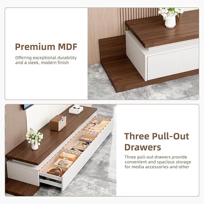 Extendable TV Stand with LED Lights, Modern TV Console with 3 Drawers, Wooden