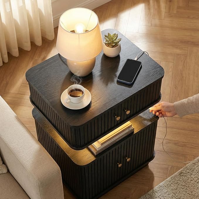 LED Nightstand Set of 2, Fluted Night Stand