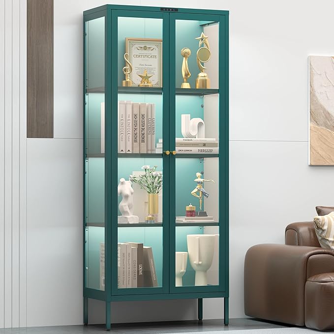 UNICOLY Display Cabinet with Glass Doors, Glass Display Cabinet with 8 Color