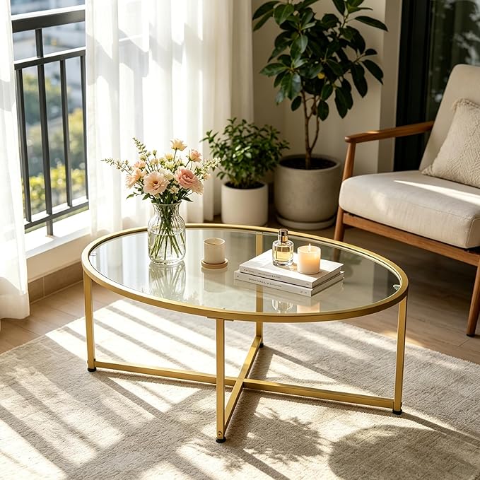 Wolawu Coffee Table Gold Oval Glass Coffee Tables