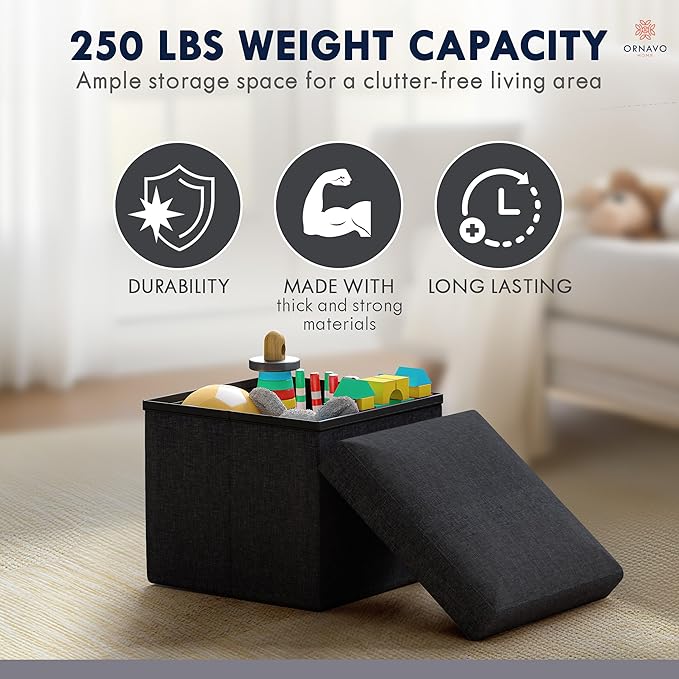 Ornavo Home Small Storage Ottoman Foldable Collapsible Cube Square Linen