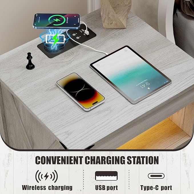 Farmhouse Night Stand with Gun Drawer, Bedside Table with Charger Station