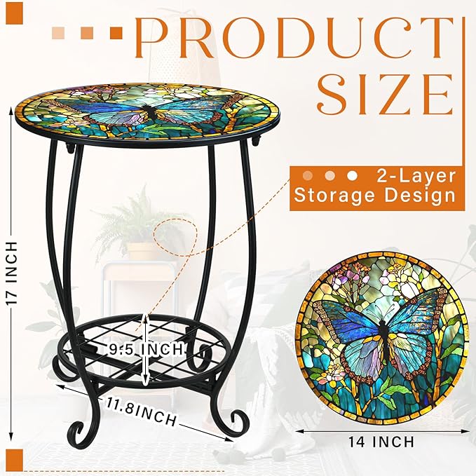 Cinnvoice Outdoor Side Table Round Small Mosaic Patio Accent Indoor End Plant