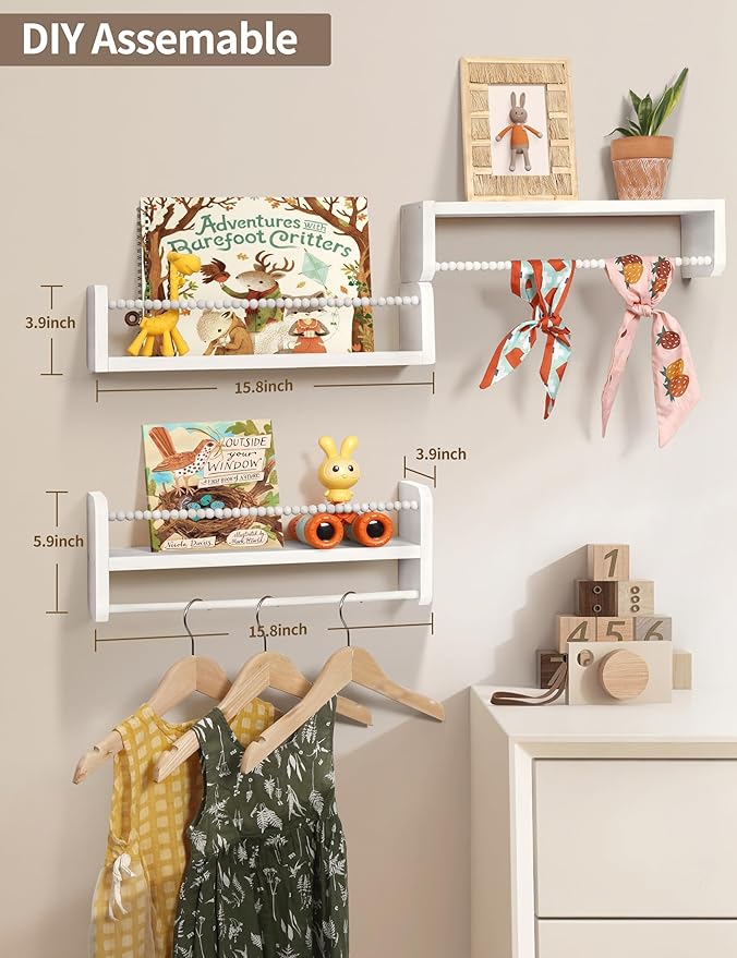 Maxpeuvon Nursery Bookshelves Set of 3, Natural Wood Nursery Floating Shelves
